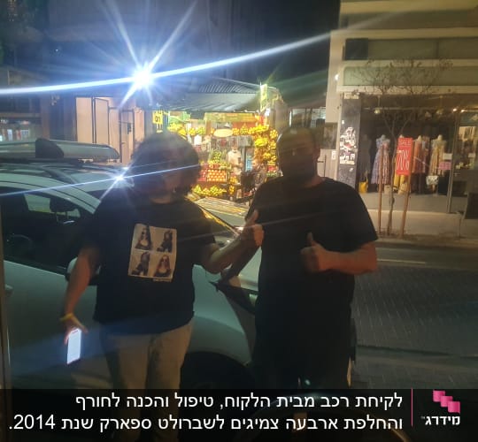 שני אנשים עומדים ליד רכב בלילה עם פנסי רחוב